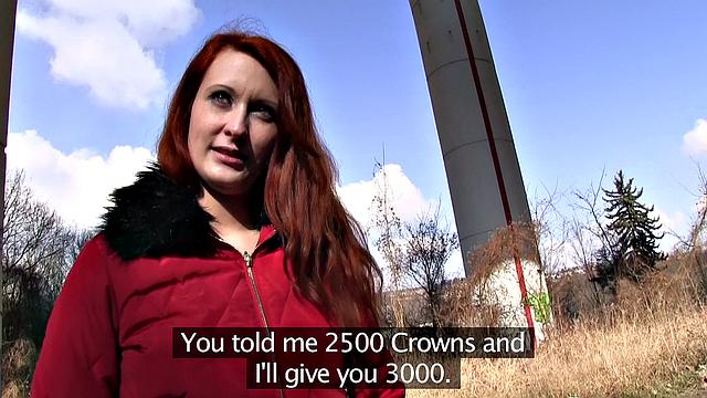 Watch this hot redhead get her tight pussy pounded outside for cash