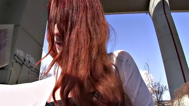 Watch this hot redhead get her tight pussy pounded outside for cash