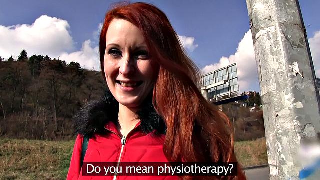 Watch this hot redhead get her tight pussy pounded outside for cash