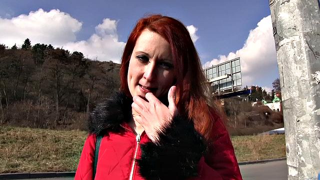 Watch this hot redhead get her tight pussy pounded outside for cash