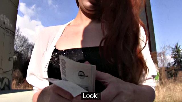 Watch this hot redhead get her tight pussy pounded outside for cash