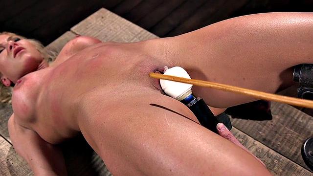 Busty milf fingered and toyed with ball gag in mouth