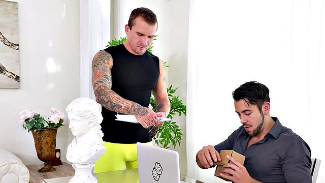 Mesmerized muscled hunk cock sucked in office