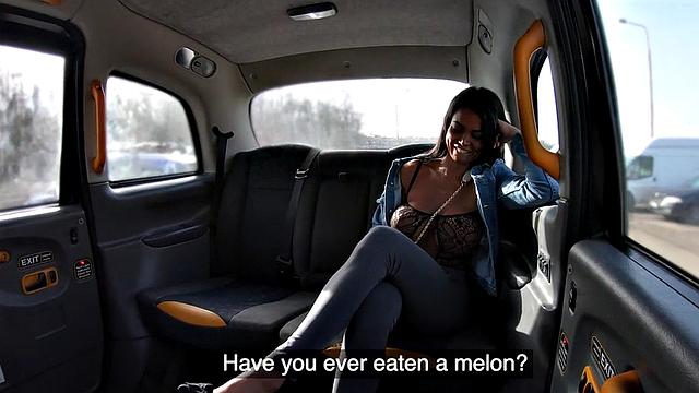 A hot ebony babe get her bald pussy pounded by a big cock in POV car action