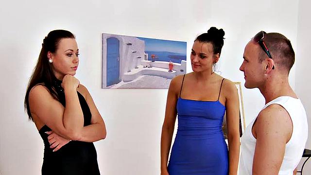 3some dildo pegging by femdom babes for lucky sissy guy