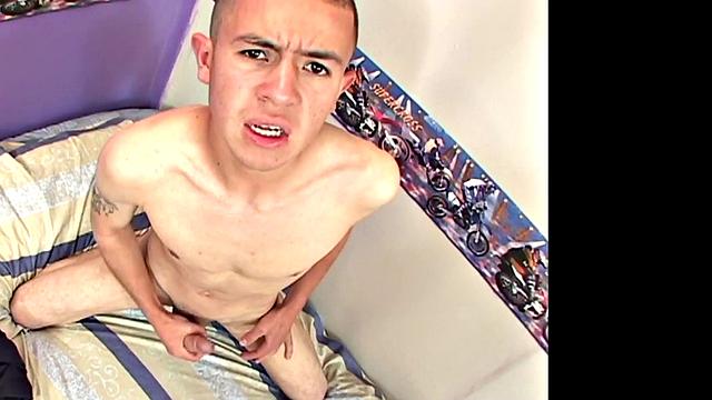 Skinny Latino fingers ass while tugging in solo for cumming