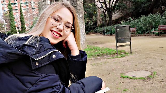 A blonde nerd take it like a champ in public - POV fucking in high heels and glasses!