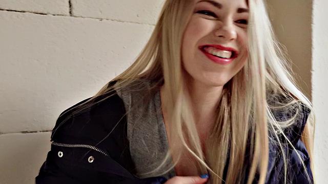 A blonde nerd take it like a champ in public - POV fucking in high heels and glasses!