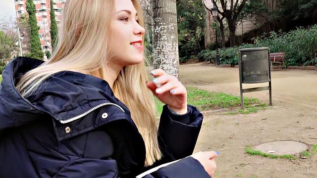 A blonde nerd take it like a champ in public - POV fucking in high heels and glasses!