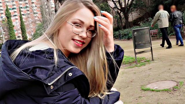 A blonde nerd take it like a champ in public - POV fucking in high heels and glasses!
