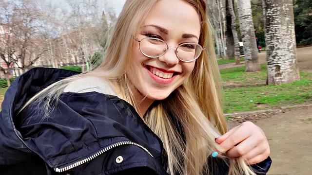 A blonde nerd take it like a champ in public - POV fucking in high heels and glasses!