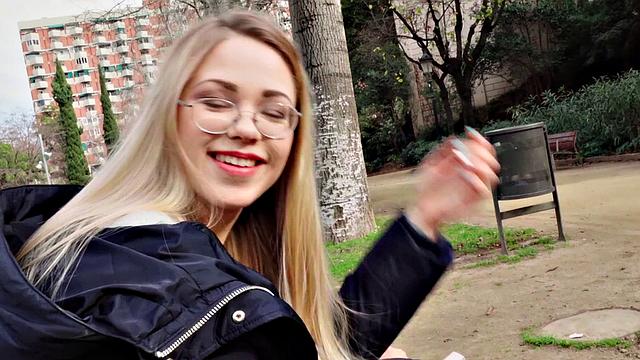 A blonde nerd take it like a champ in public - POV fucking in high heels and glasses!