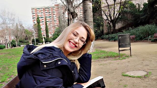 A blonde nerd take it like a champ in public - POV fucking in high heels and glasses!