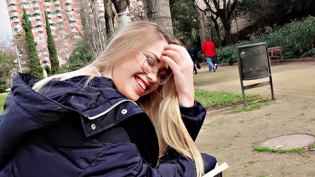 A blonde nerd take it like a champ in public - POV fucking in high heels and glasses!