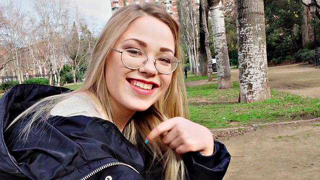 A blonde nerd take it like a champ in public - POV fucking in high heels and glasses!