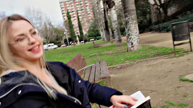 A blonde nerd take it like a champ in public - POV fucking in high heels and glasses!