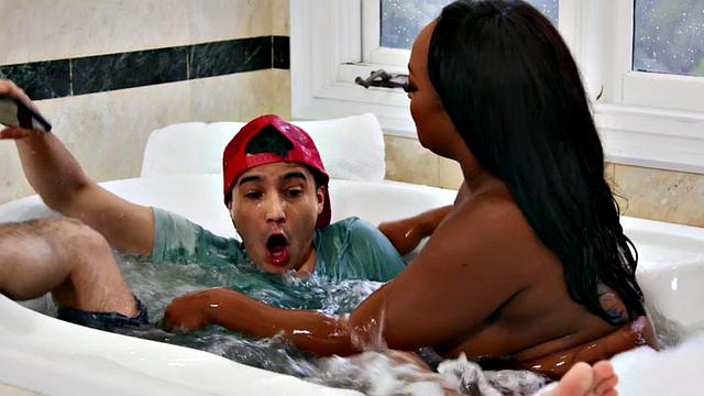 Chubby black babe fucked by guy before titjob