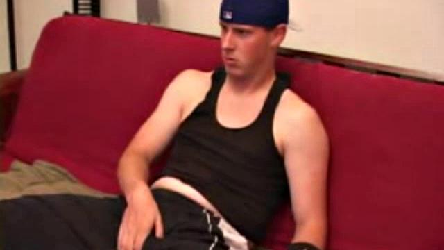 Young Maxx Wood works his cock under his shorts and then pulls it out to lube up. He strokes with determination, edging himself a few times, before covering his naked body in a splattering of warm cum.