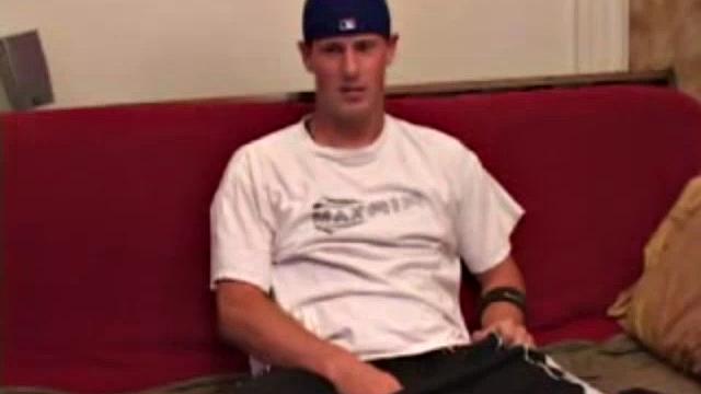 Young Maxx Wood works his cock under his shorts and then pulls it out to lube up. He strokes with determination, edging himself a few times, before covering his naked body in a splattering of warm cum.