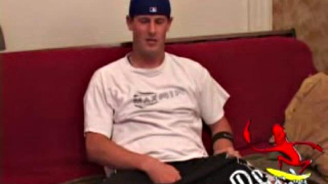 Young Maxx Wood works his cock under his shorts and then pulls it out to lube up. He strokes with determination, edging himself a few times, before covering his naked body in a splattering of warm cum.