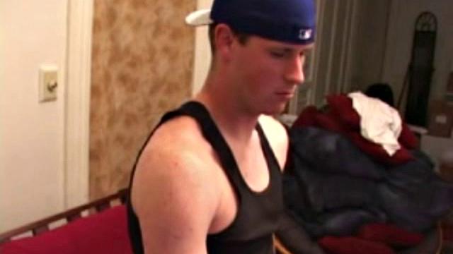 Young Maxx Wood works his cock under his shorts and then pulls it out to lube up. He strokes with determination, edging himself a few times, before covering his naked body in a splattering of warm cum.