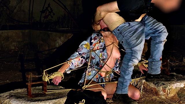 Blonde sub tied up for rough gagging and eating