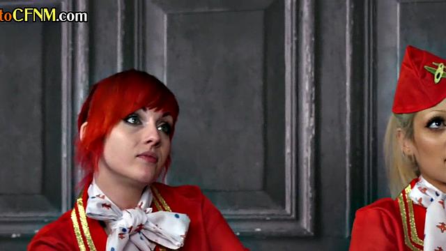 Femdom stewardesses suck cock in group on college