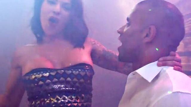 Busty Latin tgirl sucked on dancefloor before fucking