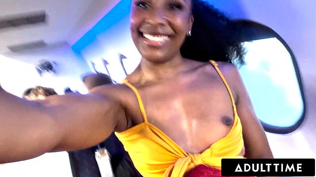 ADULT TIME - Olivia Jay Flashes Tits & Fingers Pussy On Plane! Gets Caught & Fucked By Seatmate