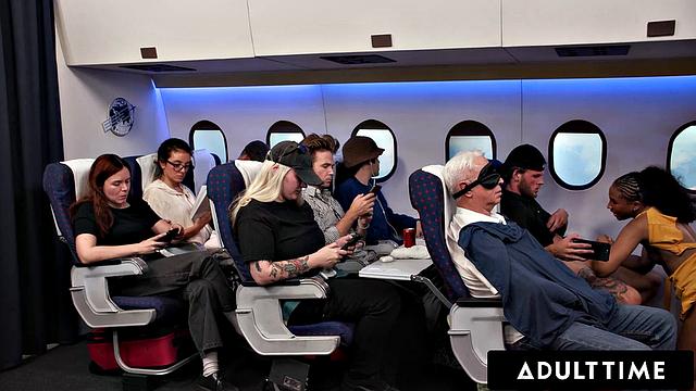 ADULT TIME - Olivia Jay Flashes Tits & Fingers Pussy On Plane! Gets Caught & Fucked By Seatmate