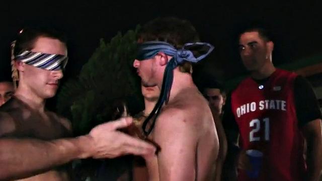 Blindfolded studs hazed in HJ 3some outdoors for frat