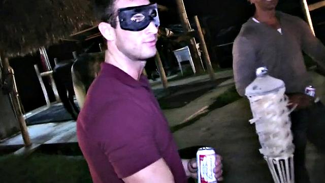 Blindfolded studs hazed in HJ 3some outdoors for frat