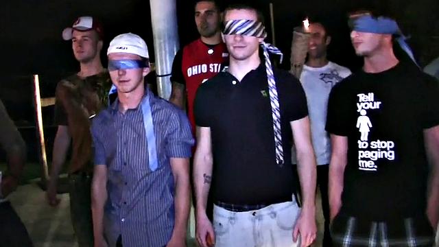 Blindfolded studs hazed in HJ 3some outdoors for frat