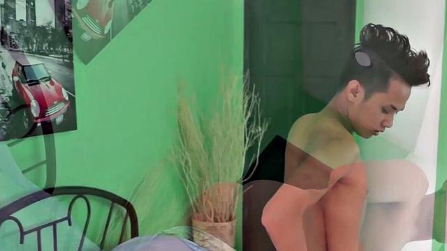Showering Asian twink enjoys masturbating in solo
