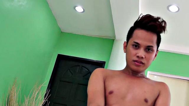 Showering Asian twink enjoys masturbating in solo