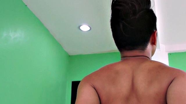 Showering Asian twink enjoys masturbating in solo