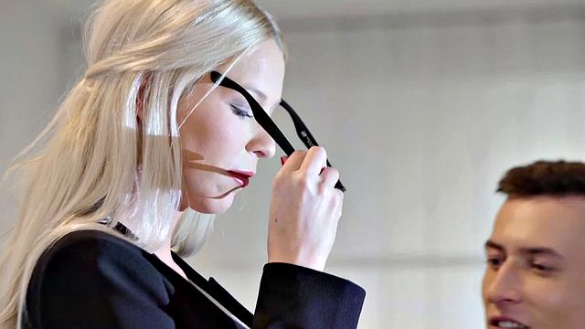 Horny blonde secretary in glasses gives BJ and gets pussy licked at BWC table