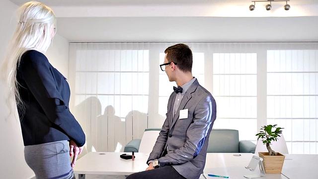 Horny blonde secretary in glasses gives BJ and gets pussy licked at BWC table