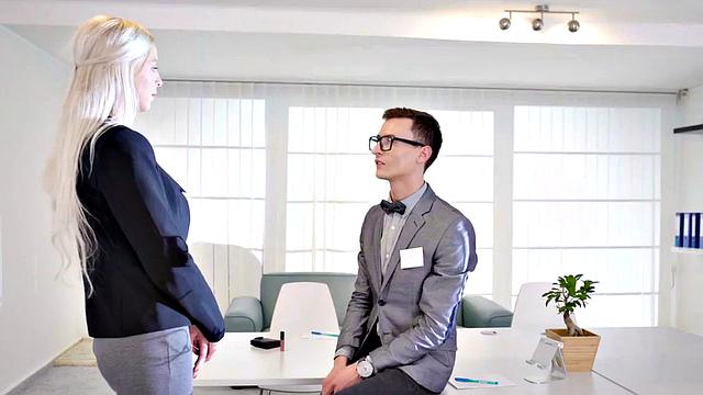 Horny blonde secretary in glasses gives BJ and gets pussy licked at BWC table