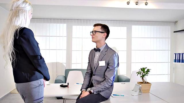 Horny blonde secretary in glasses gives BJ and gets pussy licked at BWC table