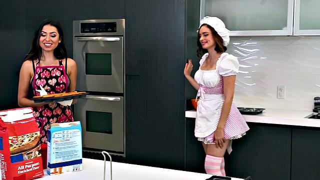 Kinky brunette with brown hair gets her trimmed pussy eaten and her smile broadened by her lesbian friend in the kitchen