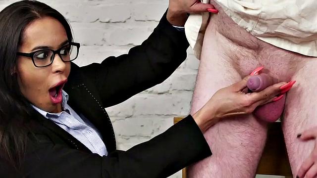 Glam cfnm dommes wank their sub in group