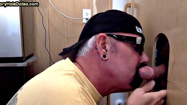 Gloryhole DILF gets fucked in sling by chubby top