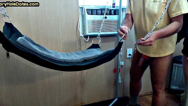 Gloryhole DILF gets fucked in sling by chubby top