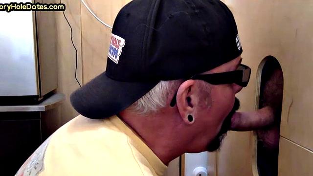 Gloryhole DILF gets fucked in sling by chubby top