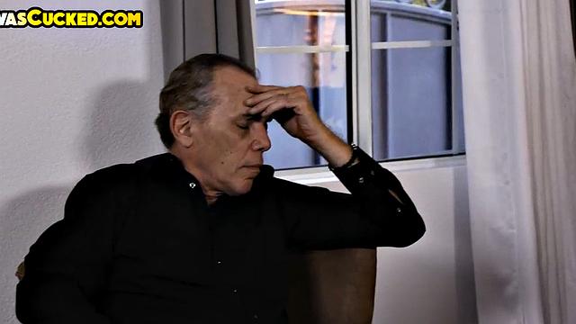 Small titted cheating wife rides BBC in front of husband