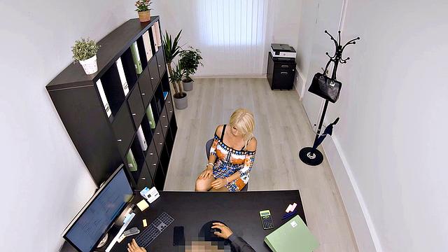 Fucking on the desk helps blue-eyed MILF get a new mortgage loan