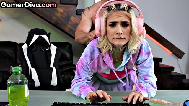 Petite blonde gamer babe fucked