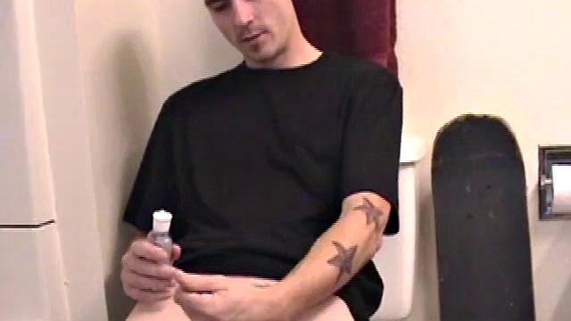 Dan grabs the lube and gets ready to beat off in the bathroom. After working up a stiff one, he strokes his cock with determination, until it squirts fresh warm cum all over his tummy and chest.