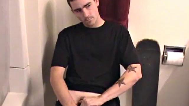 Dan grabs the lube and gets ready to beat off in the bathroom. After working up a stiff one, he strokes his cock with determination, until it squirts fresh warm cum all over his tummy and chest.